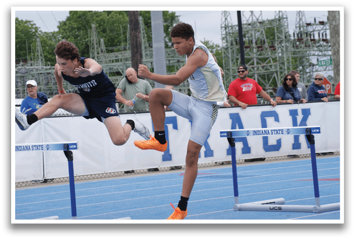 Two men are jumping over a hurdle in a track competition. Contenido generado con IA