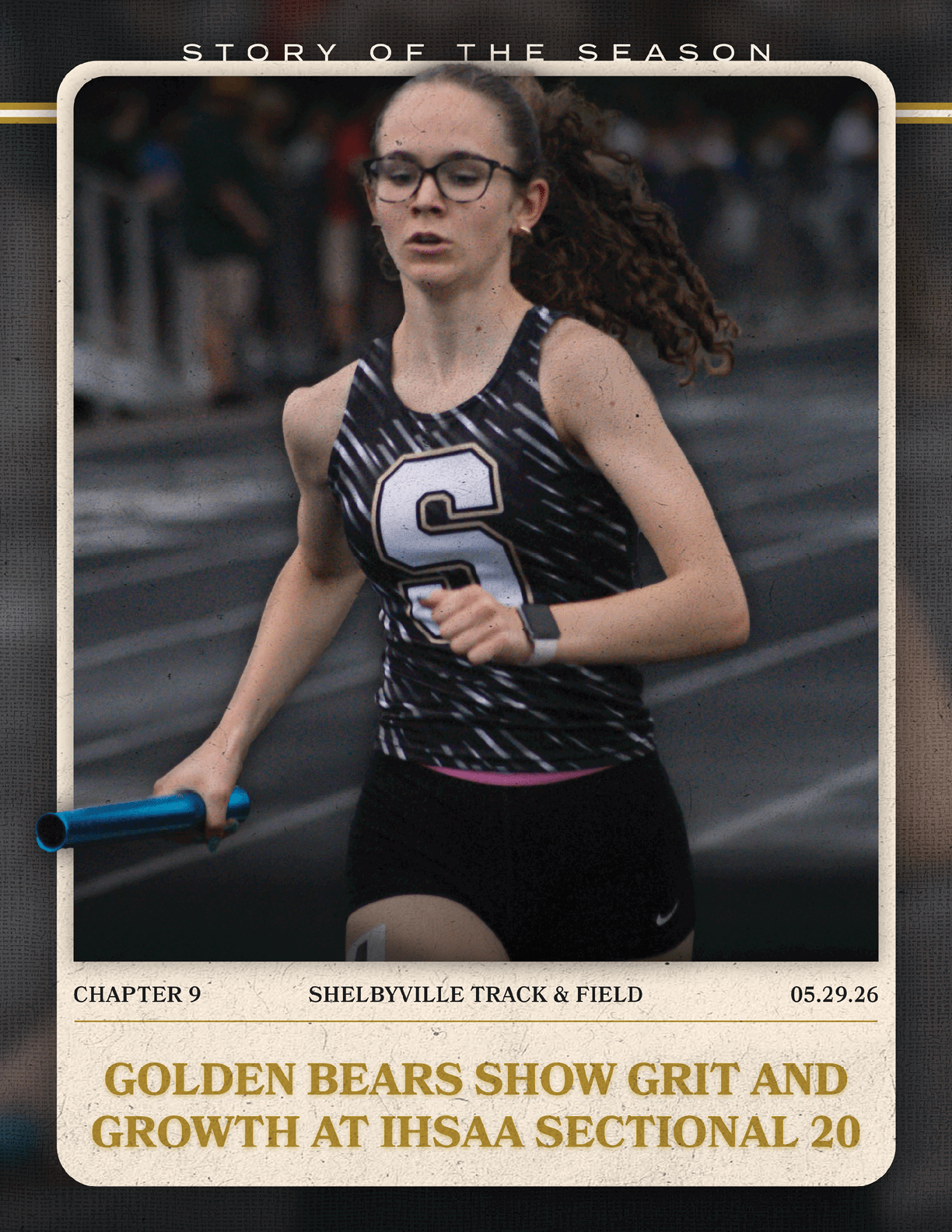 A girl running on a track wearing a black and white shirt. Contenido generado con IA