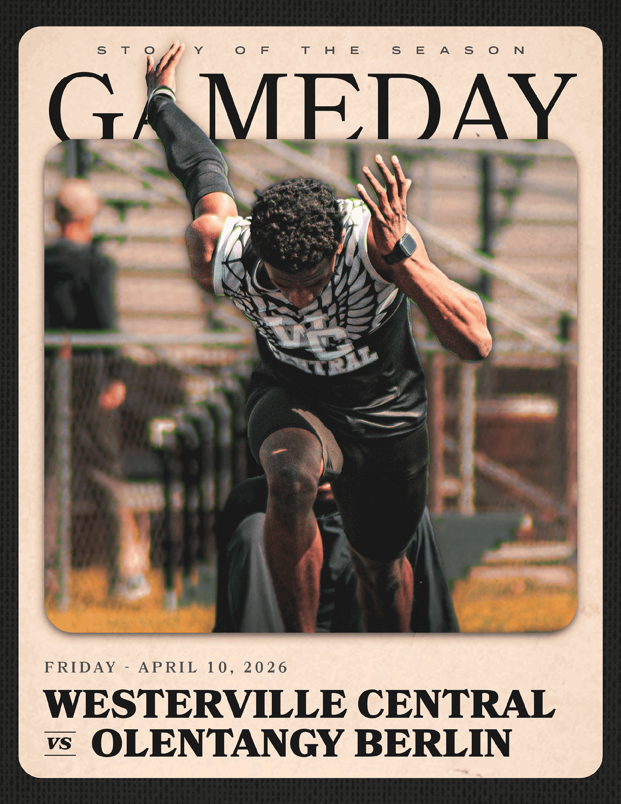 A football game is being played between Westerville Central and Ouentangy Berlin. Description generated by AI