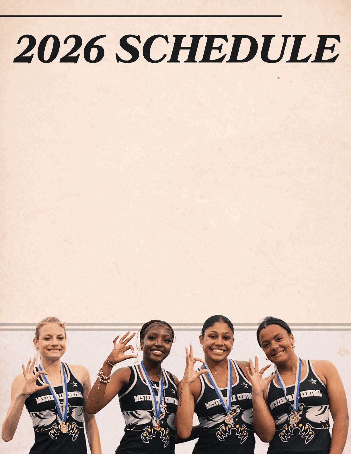 Three women wearing black and white uniforms and holding up their fingers. Description generated by AI