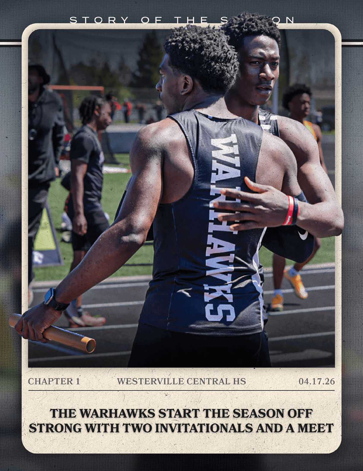 A black and white photo of two men with the words “The Warhawks Start the Season Off Strong with Two Invitationals and a Meet" written in the bottom right corner. Description generated by AI