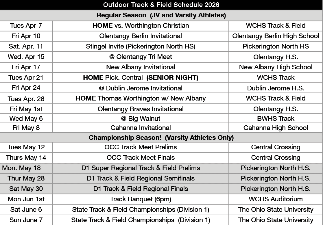 A calendar for the Westerville Central Boys and Girls Track and Field. Description generated by AI
