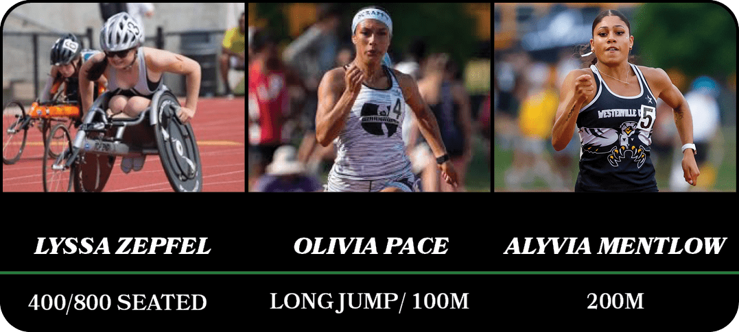 Alyvia Mentlow,Olivia Pace,Lyssa Zepfel,200m,Long Jump/ 100m,400/800 Seate