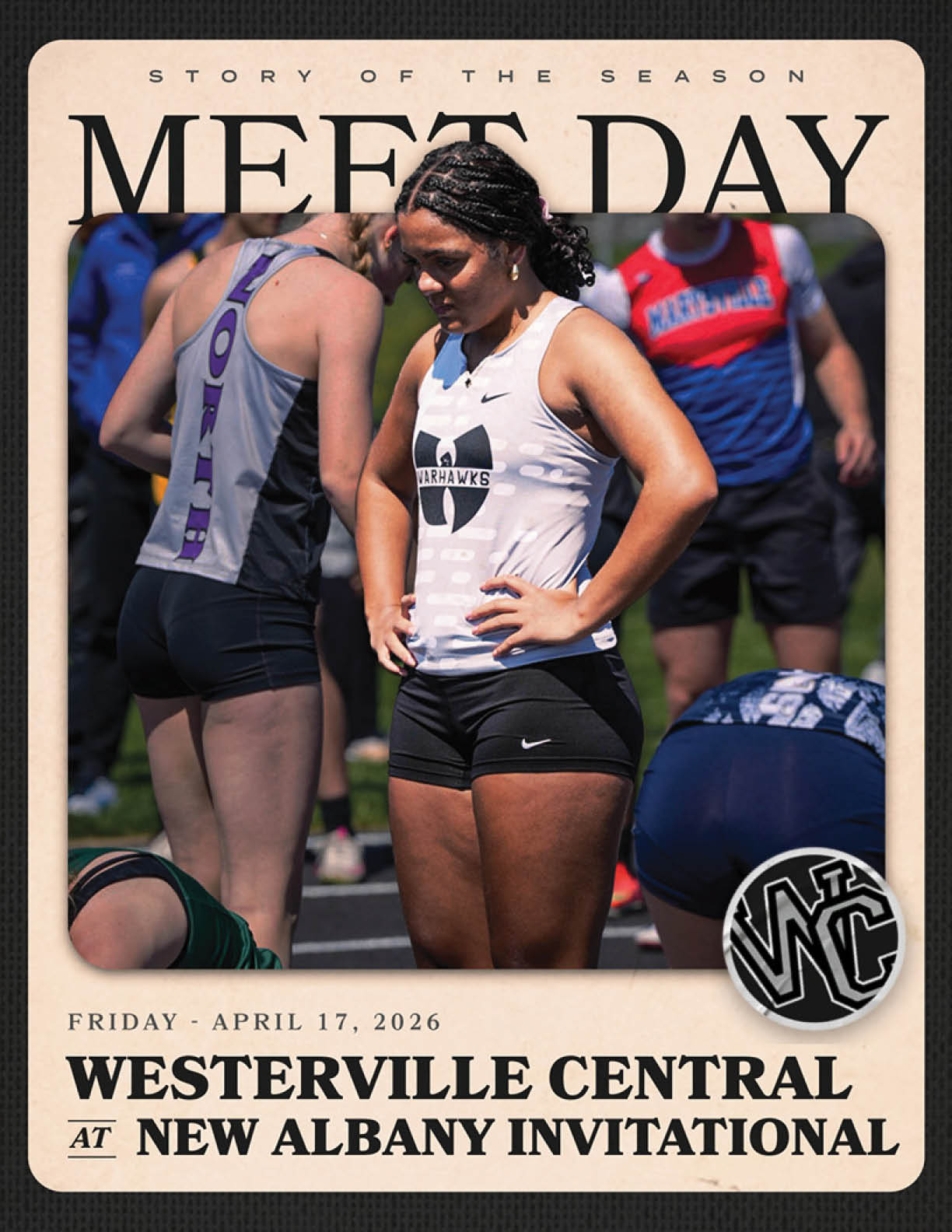 A flyer for a meet day event at the Westernville central at the New Albany Invitational. Description generated by AI