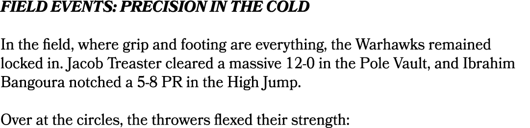 Field Events: Precision in the Cold In the field, where grip and footing are everything, the Warhawks remained locked...