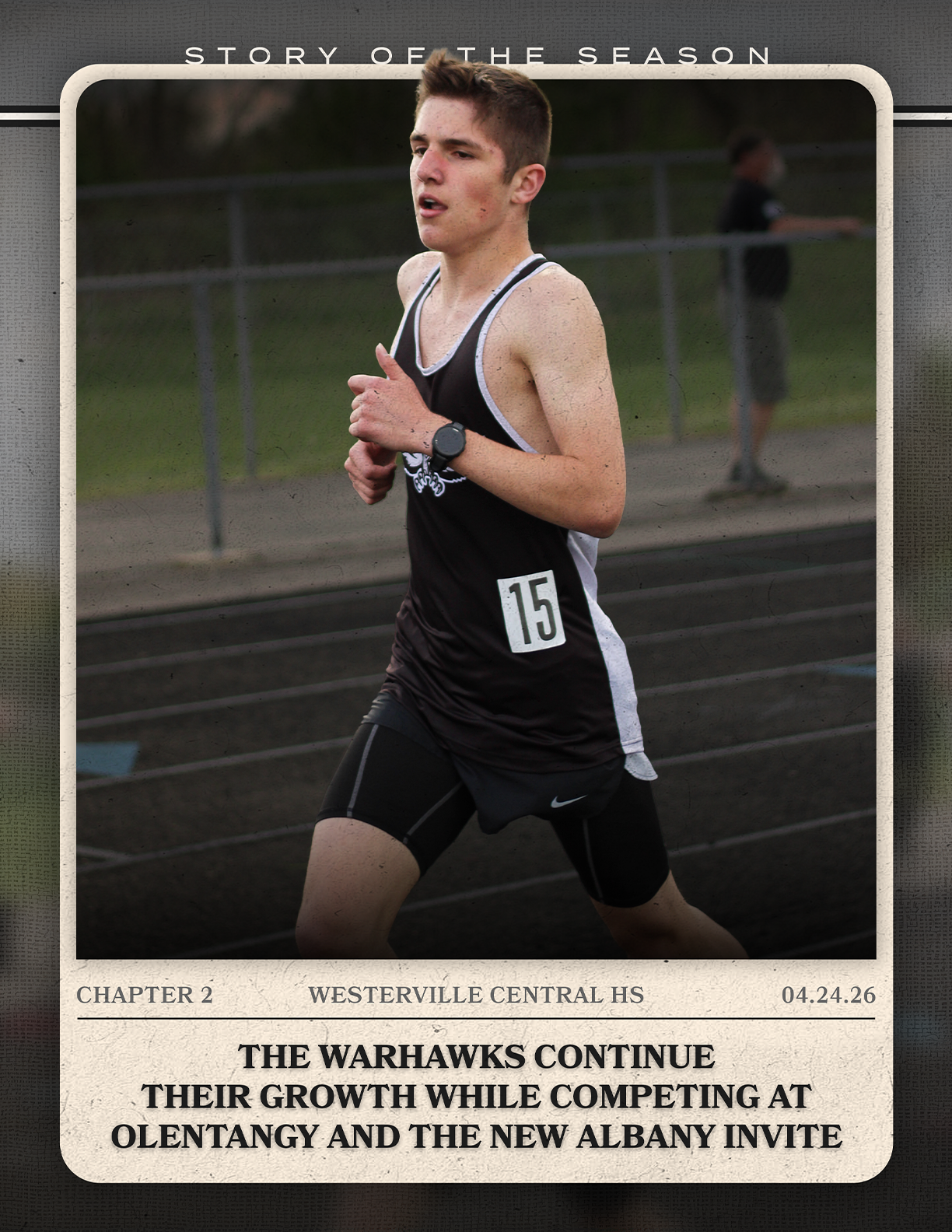 A runner wearing a black and white shirt. Description generated by AI