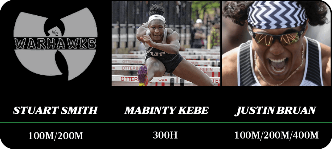 Justin Bruan,Mabinty Kebe,Stuart Smith,100m/200m/400m,300H,100m/200