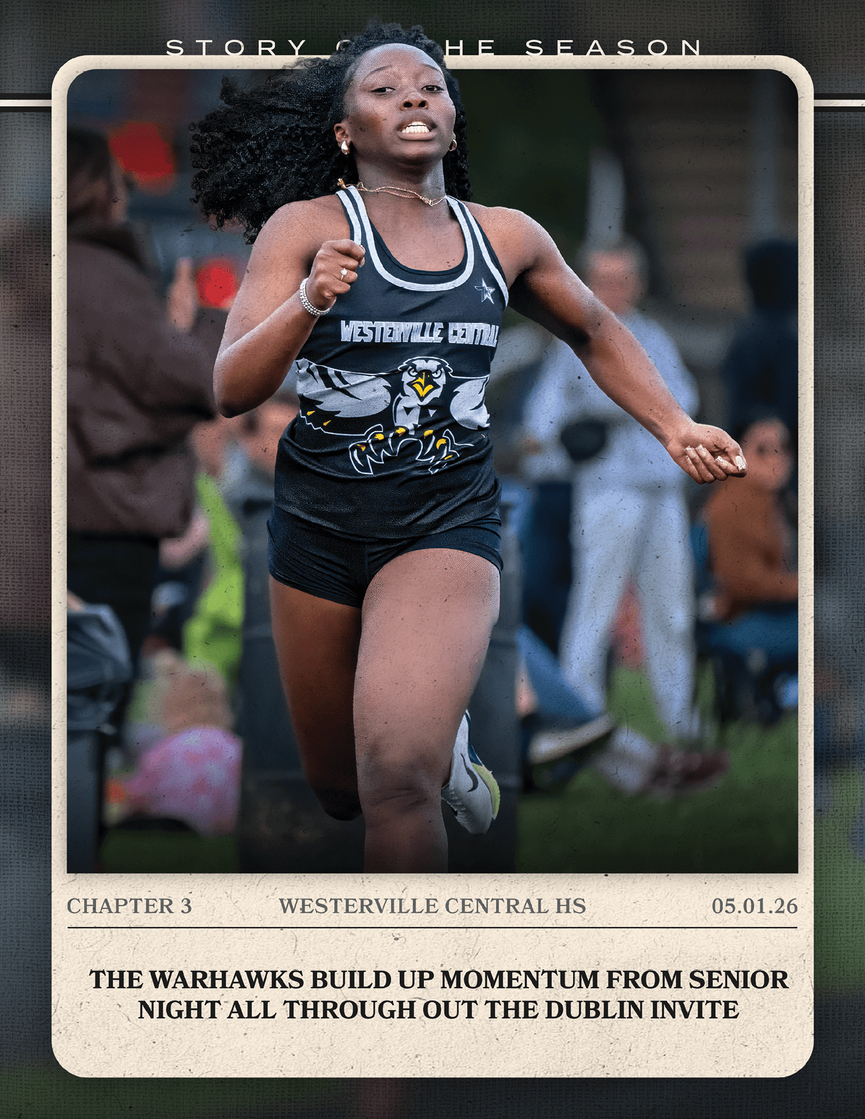 A woman running in a black and white shirt. Description generated by AI