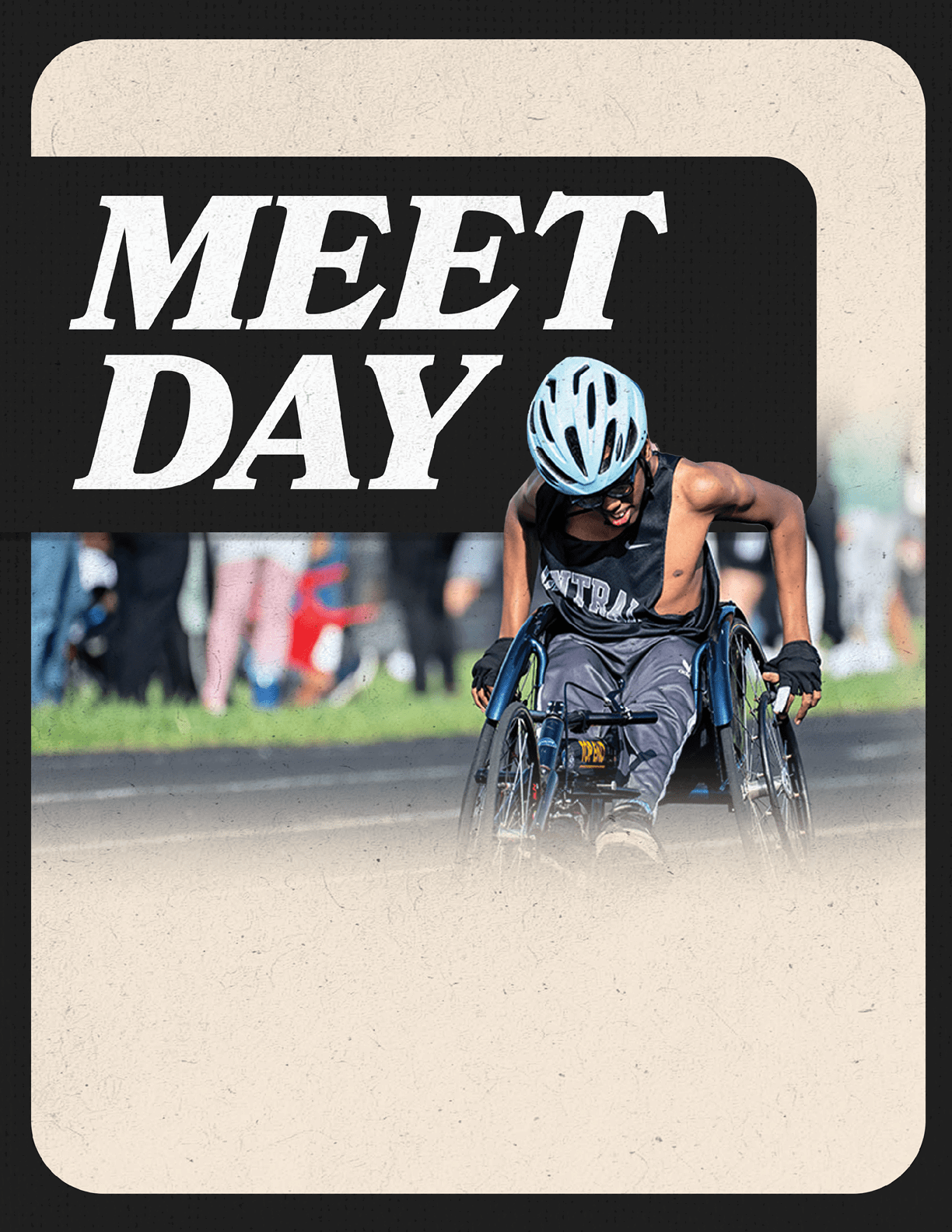 A man in a wheelchair is wearing a helmet. Description generated by AI