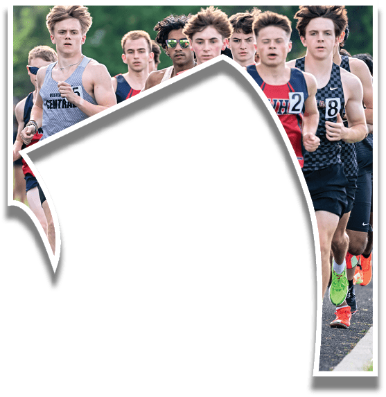 A group of young men running on a track. Description generated by AI