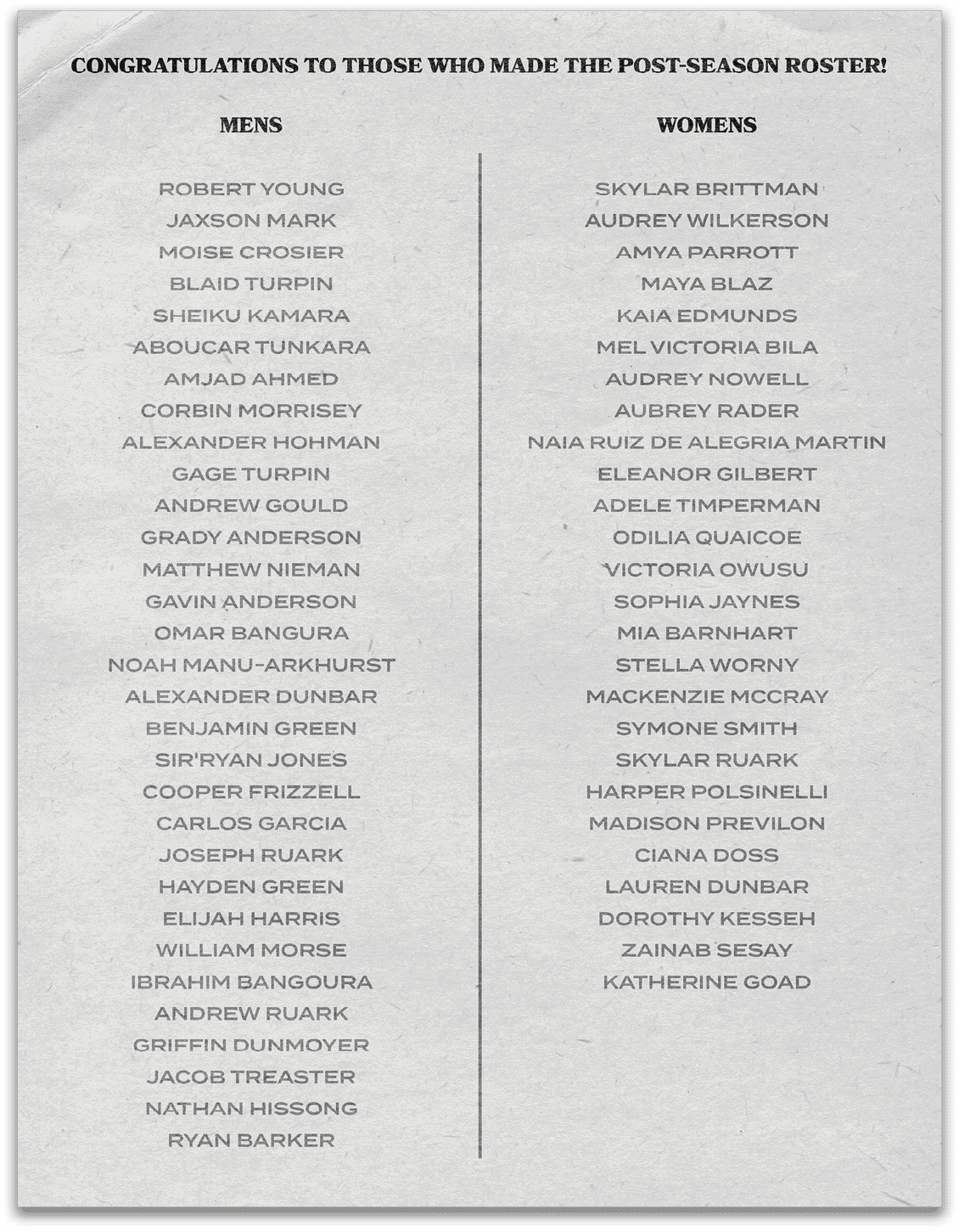 A list of names on a piece of paper. Description generated by AI
