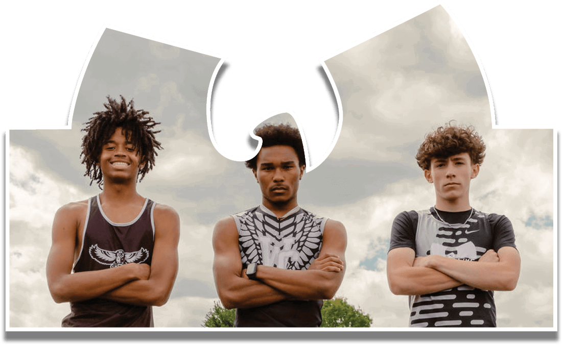 Three men standing on a mat with the word Warhawks on it. Description generated by AI