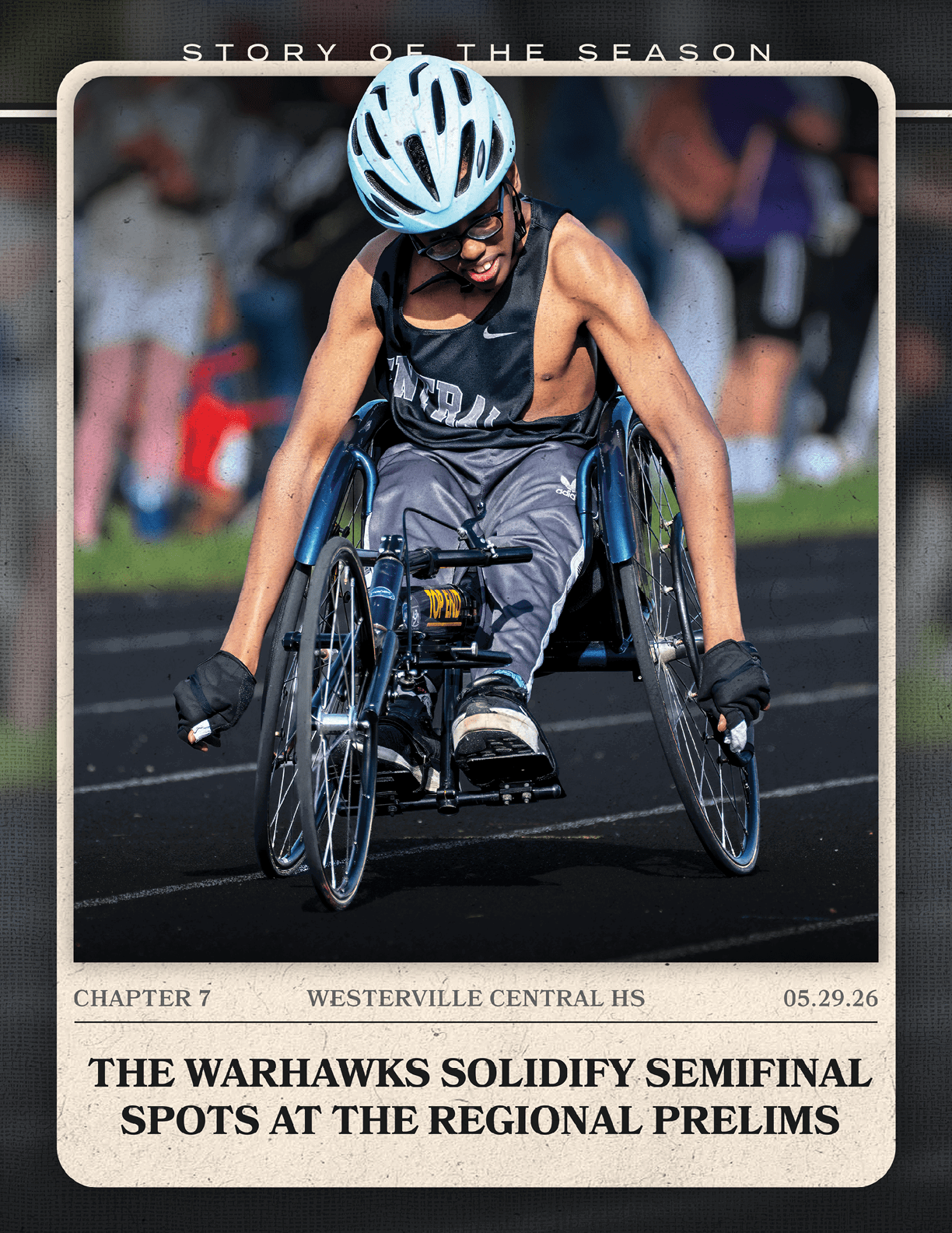 A boy in a wheelchair is racing. Description generated by AI