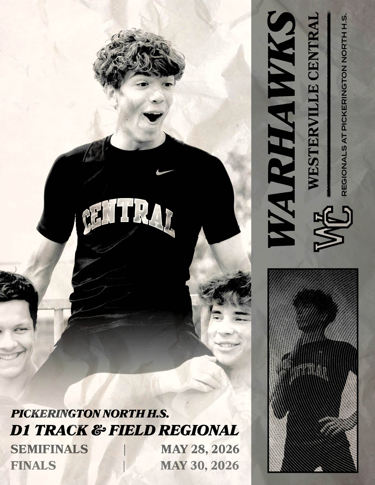 A boy wearing a black shirt with the word central on it. Description generated by AI