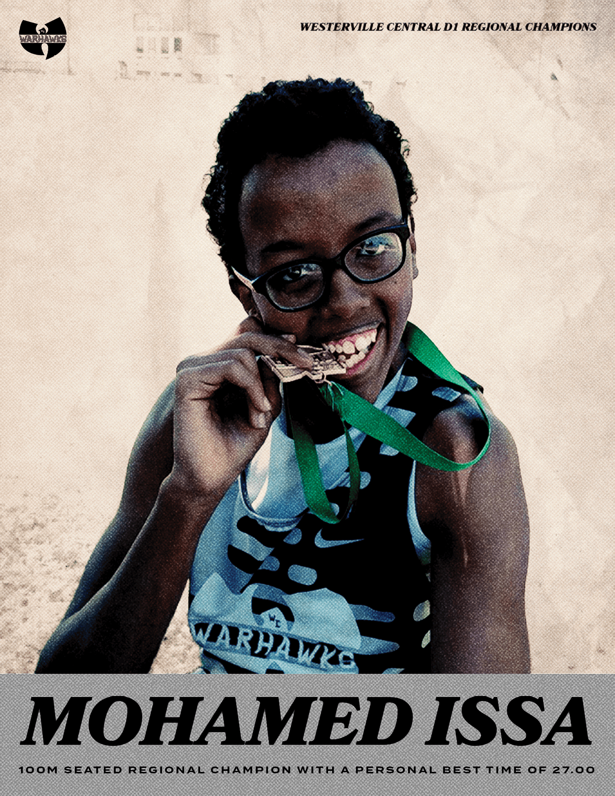 A young man wearing glasses and a green ribbon around his neck. Description generated by AI