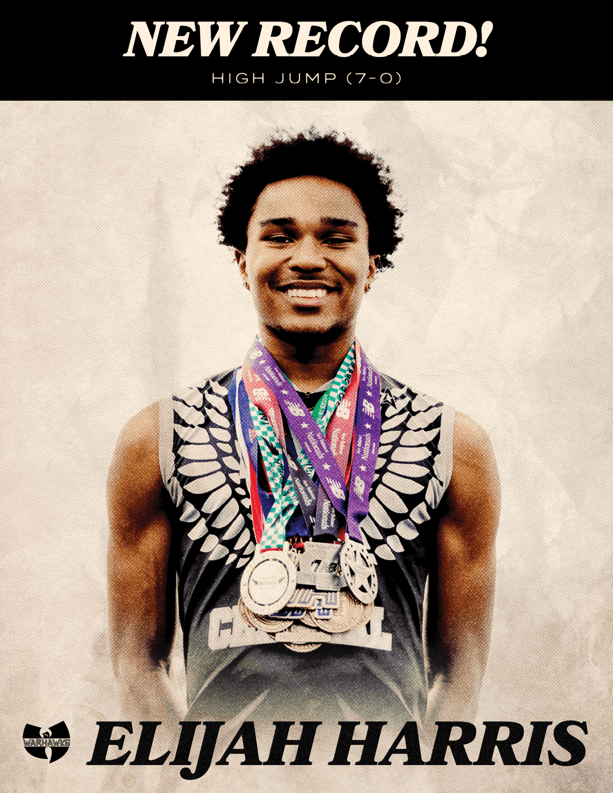 A man wearing a black shirt with a gold medal around his neck. Description generated by AI