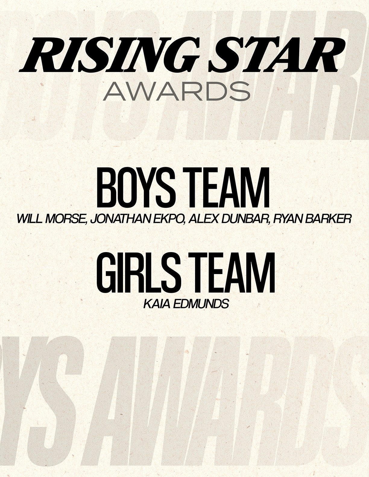 A black and white image of the boys team award and the girls team award. Description generated by AI
