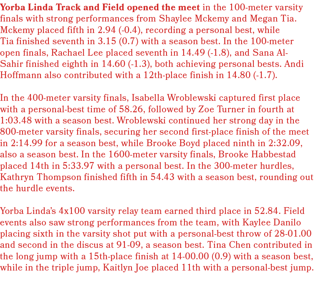 Yorba Linda Track and Field opened the meet in the 100 meter varsity finals with strong performances from Shaylee Mck...