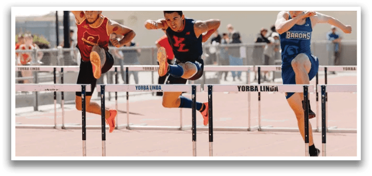 Three men are jumping over a barrier, with one man wearing a red shirt and the other two wearing blue. AI generated content
