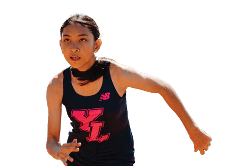 A girl is running on a track, wearing a black and pink outfit. AI generated content