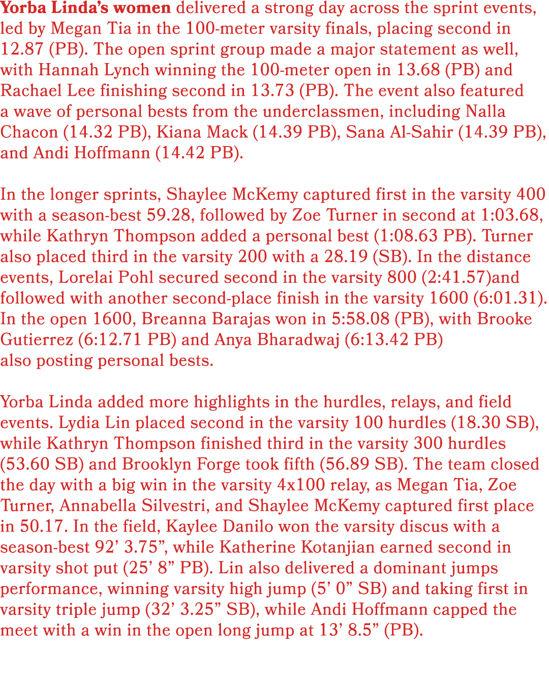 Yorba Linda’s women delivered a strong day across the sprint events, led by Megan Tia in the 100 meter varsity finals...