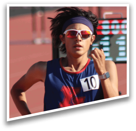 A runner wearing a blue and red shirt. Description generated by AI