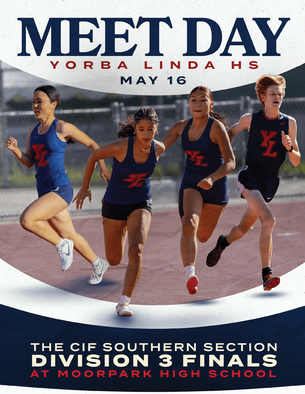 A poster advertising a meet day at a high school. Description generated by AI
