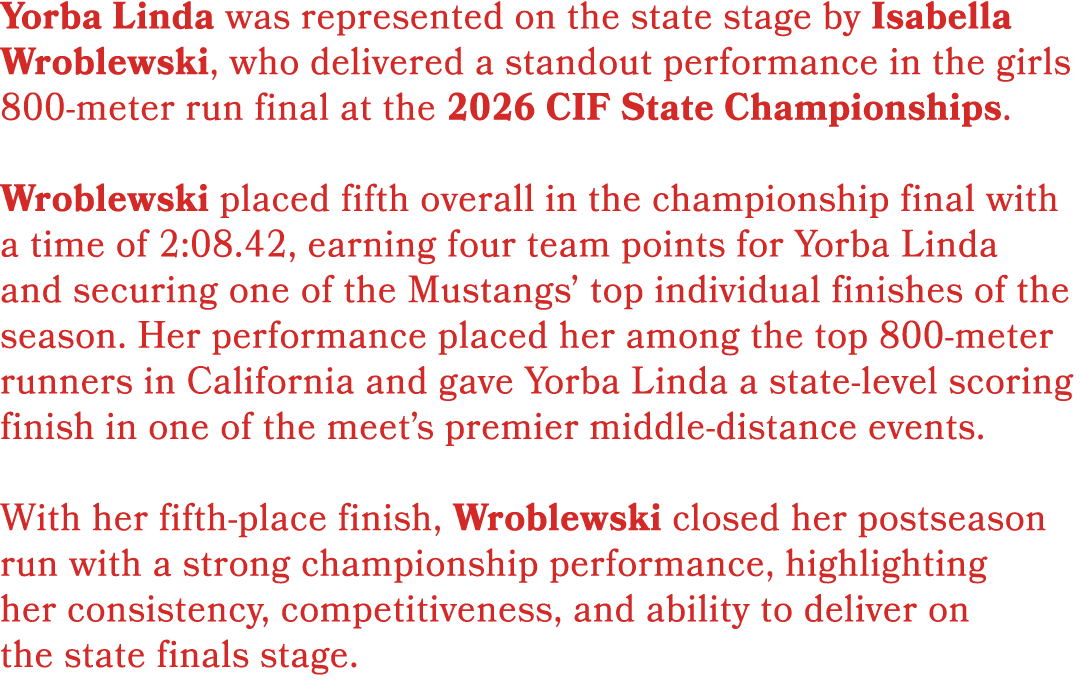 Yorba Linda was represented on the state stage by Isabella Wroblewski, who delivered a standout performance in the gi...