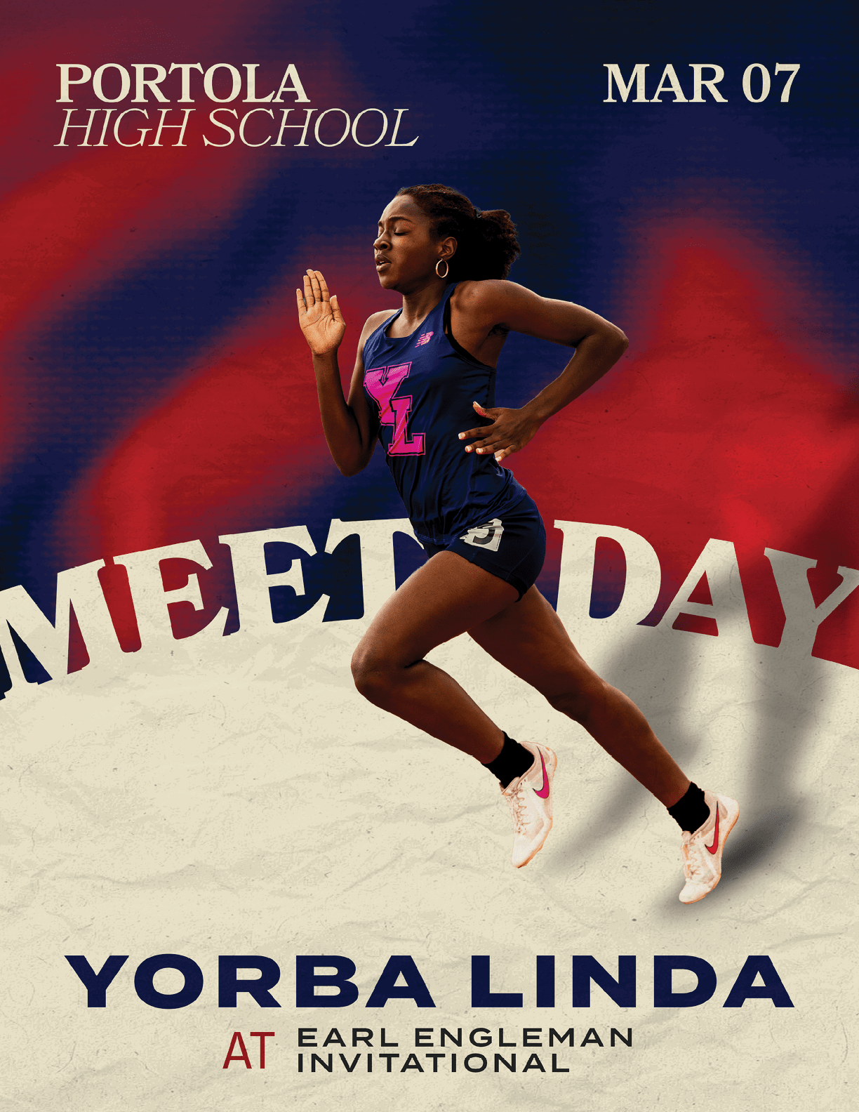 A female athlete running in a blue and white uniform. AI generated content