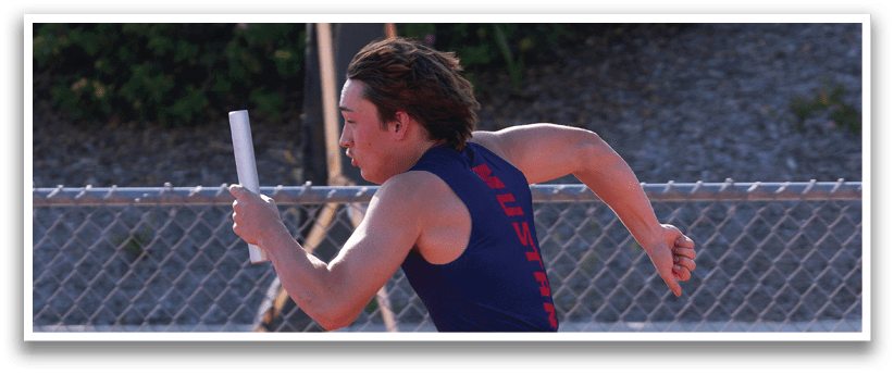 Two men running on a track, one wearing a blue shirt and the other wearing a white shirt. AI generated content