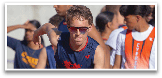 A group of people are running on a track, with one man wearing sunglasses and a blue shirt. AI generated content