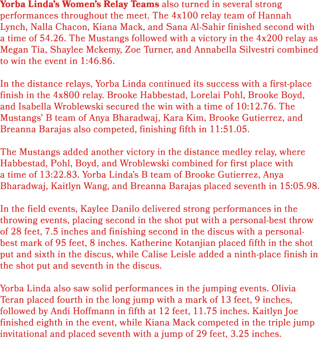 Yorba Linda’s Women’s Relay Teams also turned in several strong performances throughout the meet. The 4x100 relay tea...