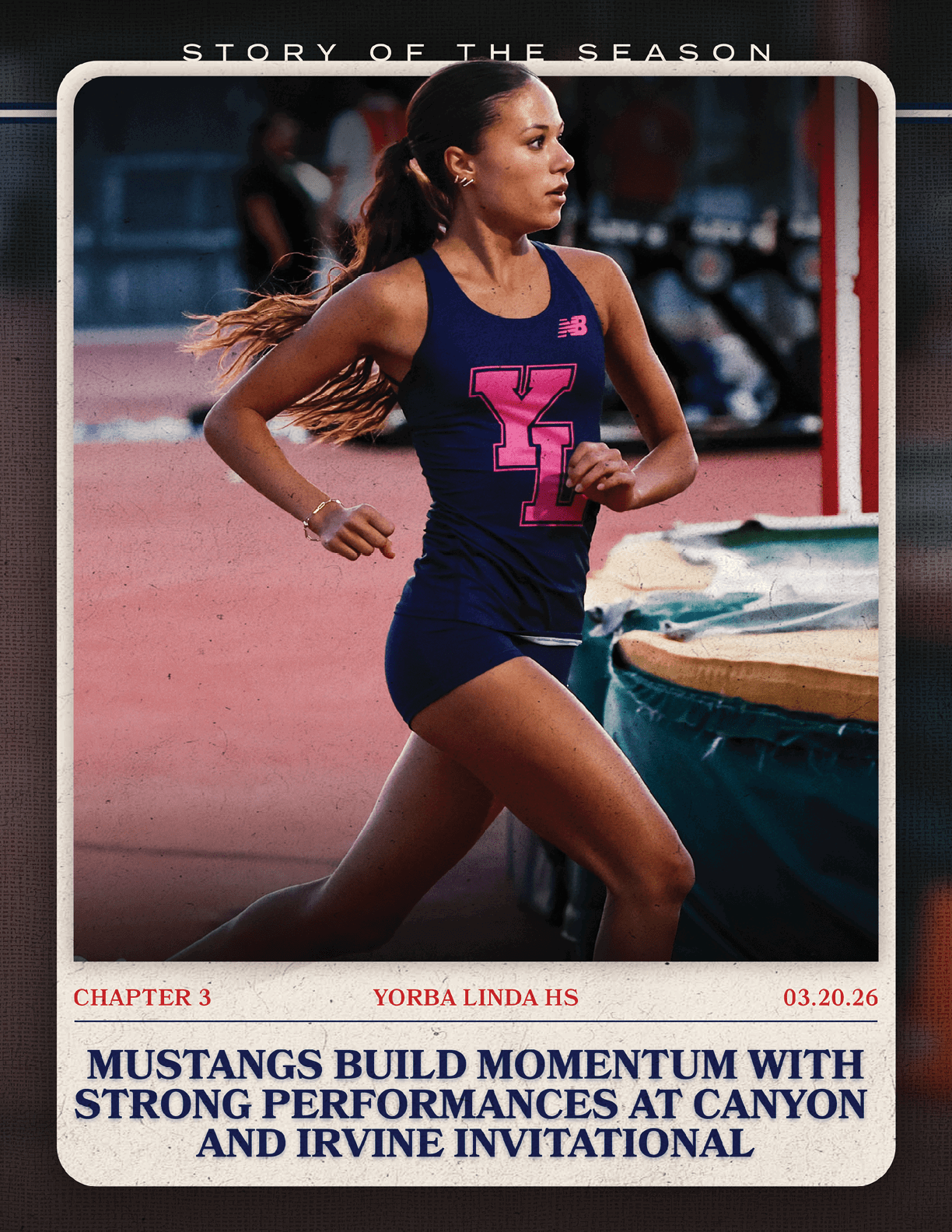 A female athlete running on a track with the words “Mustangs build momentum with strong performances at Canyon and Irvine Invitational" written below her. AI generated content