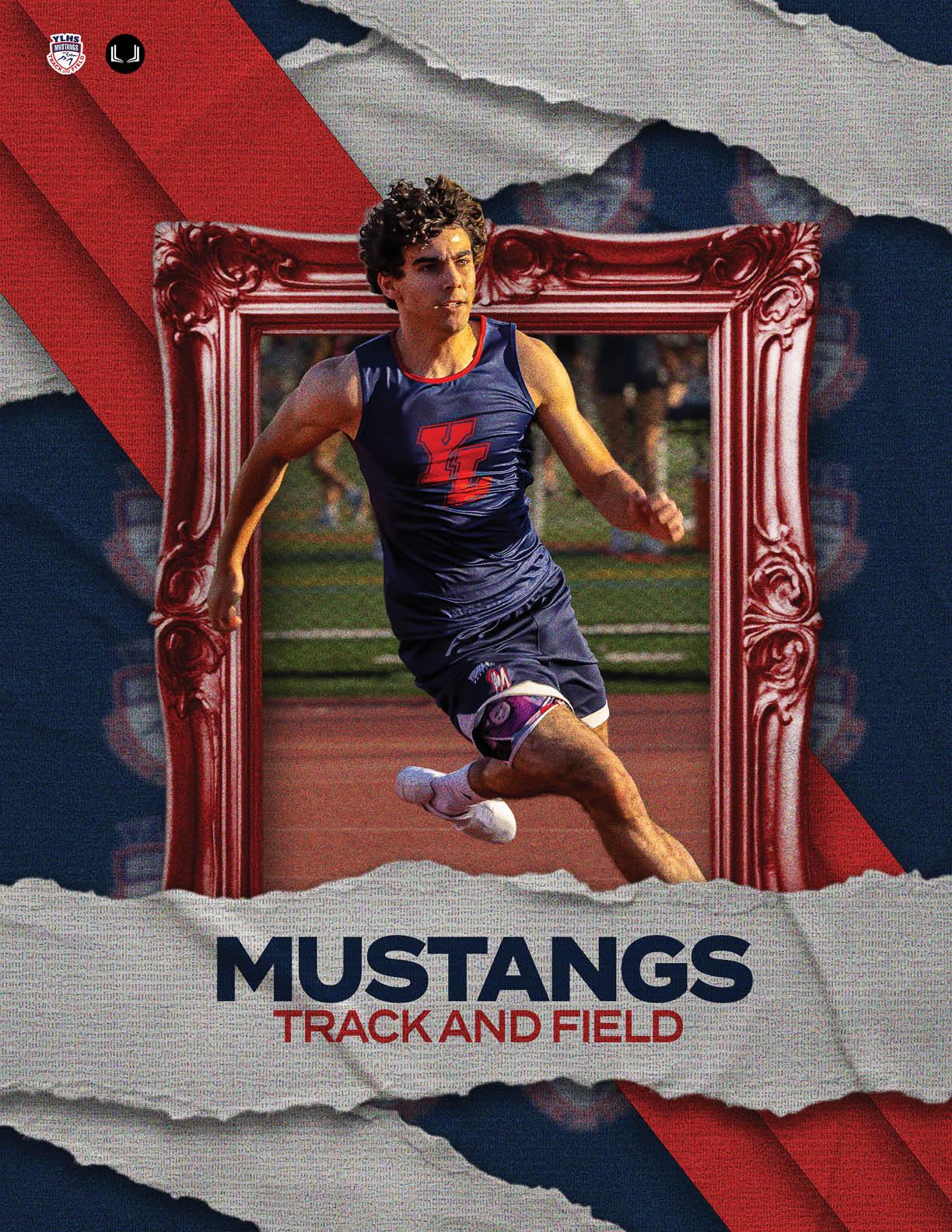 A man running on a track in a blue and red uniform. AI generated content