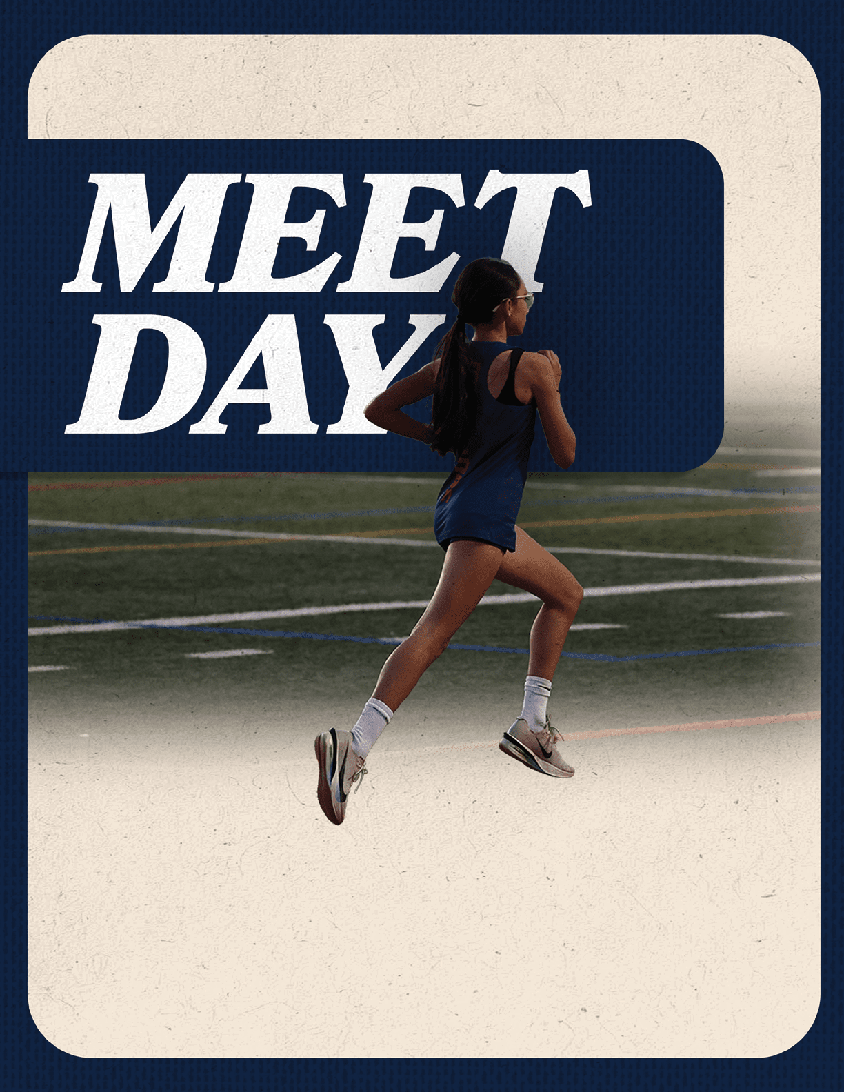 A woman running on a field with a sign that says “Meet Day". AI generated content