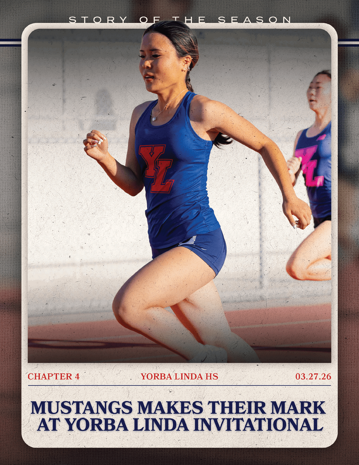 A female athlete running in a blue and red uniform. AI generated content