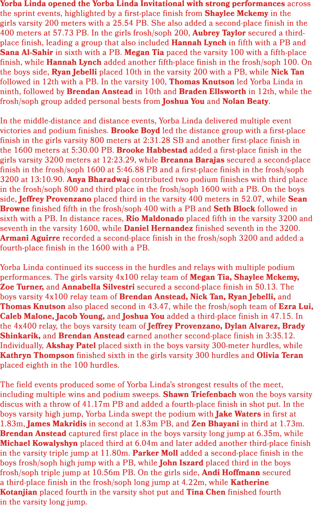 Yorba Linda opened the Yorba Linda Invitational with strong performances across the sprint events, highlighted by a f...