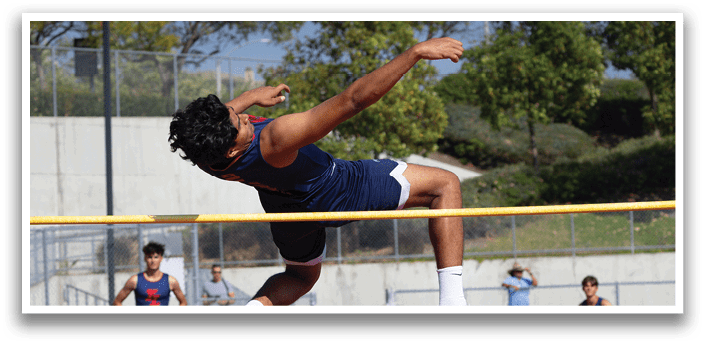 A man is jumping in the air over a pole, attempting to clear it. AI generated content