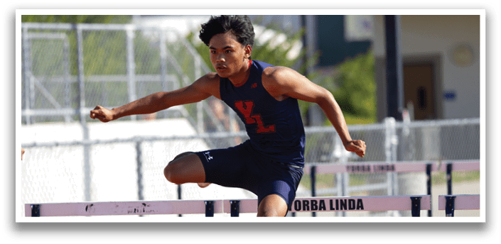 A man wearing a blue and red shirt is jumping over a hurdle. AI generated content