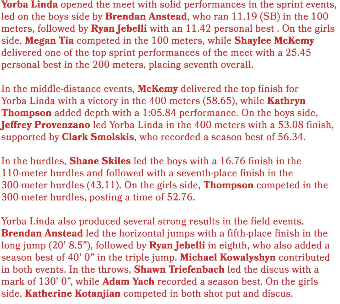 Yorba Linda opened the meet with solid performances in the sprint events, led on the boys side by Brendan Anstead, wh...