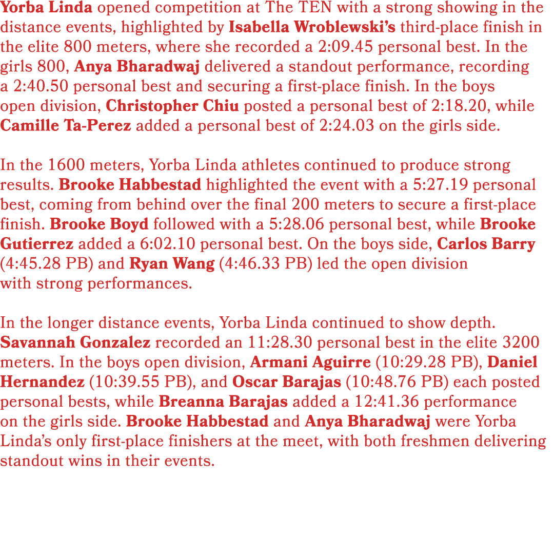 Yorba Linda opened competition at The TEN with a strong showing in the distance events, highlighted by Isabella Wrobl...