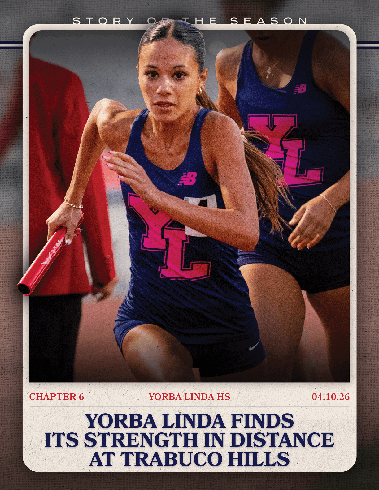 A girl running with a red baton. Description generated by AI