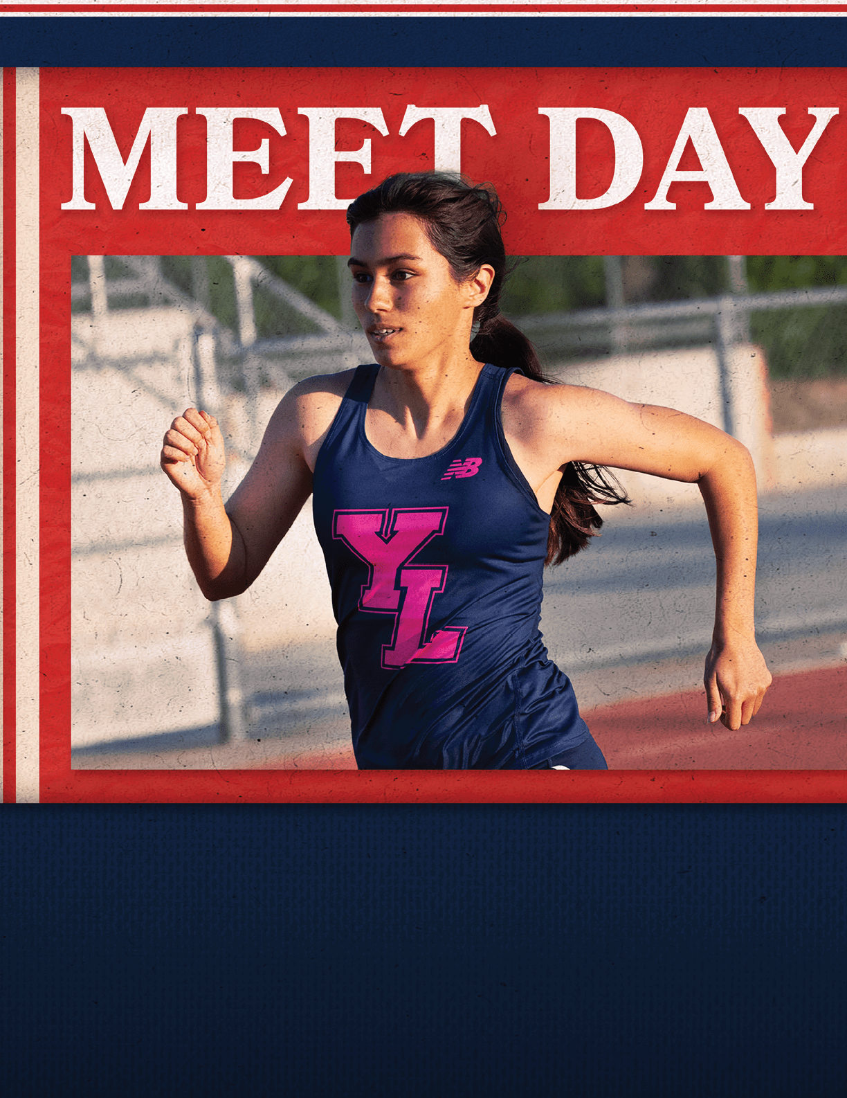 A woman running in a blue and pink shirt. Description generated by AI