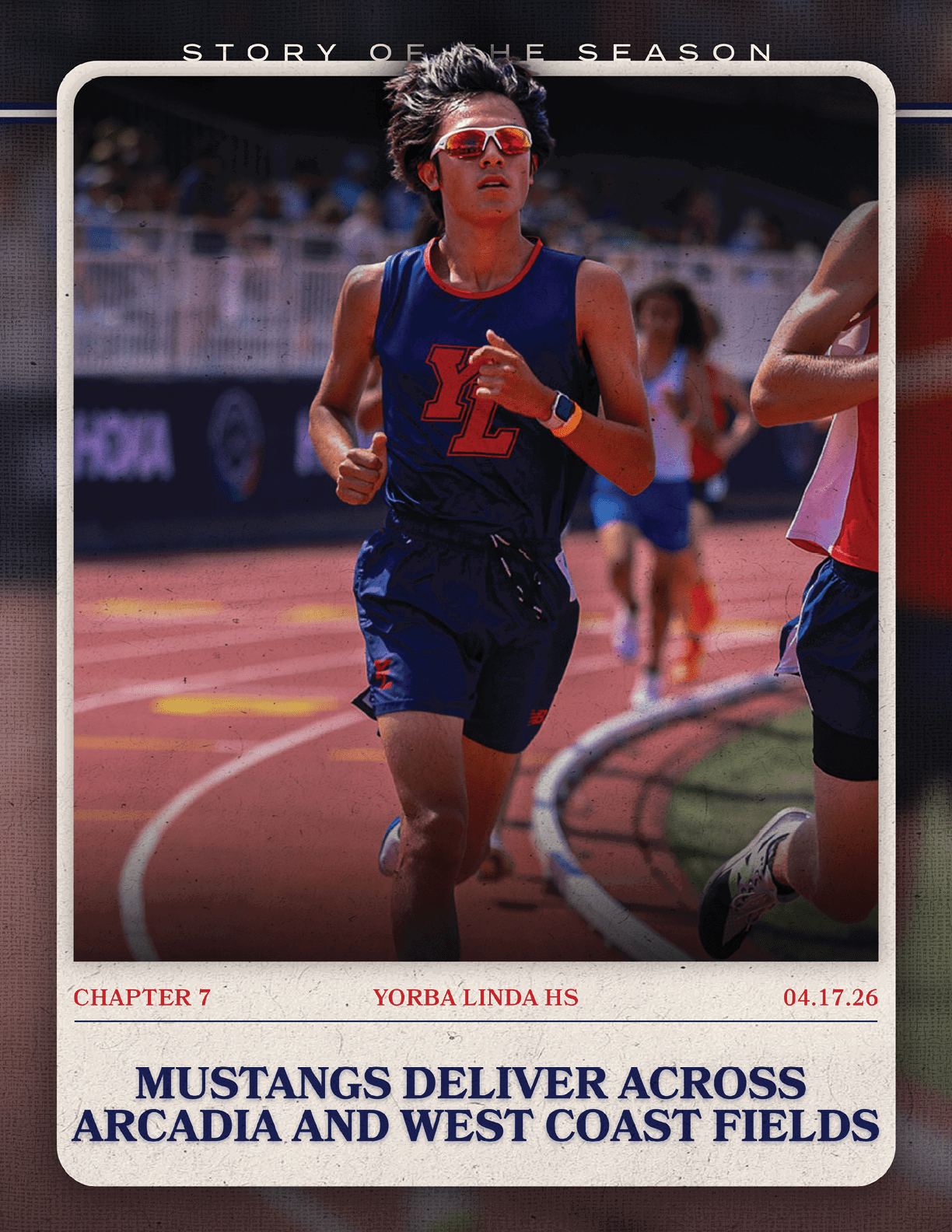 A runner in a blue and red shirt. Description generated by AI