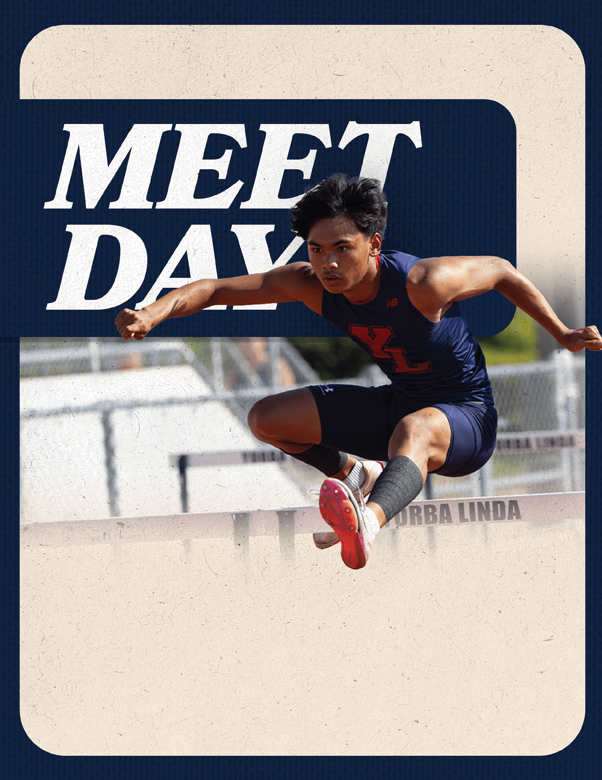 A man wearing a blue and red track suit is jumping in the air. Description generated by AI