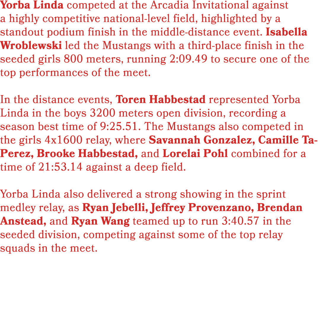 Yorba Linda competed at the Arcadia Invitational against a highly competitive national level field, highlighted by a ...