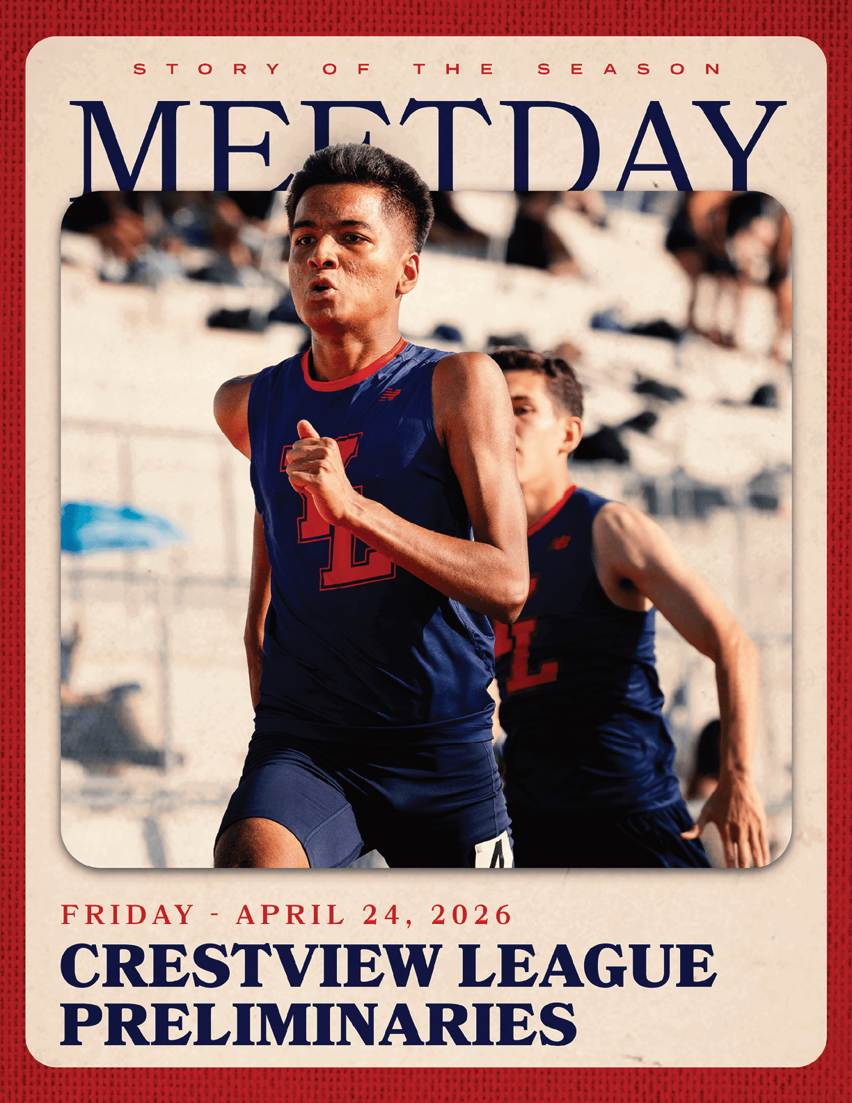 A poster advertising a meet day for the Crestview League. Description generated by AI