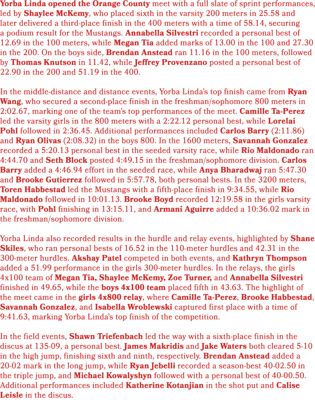 Yorba Linda opened the Orange County meet with a full slate of sprint performances, led by Shaylee McKemy, who placed...