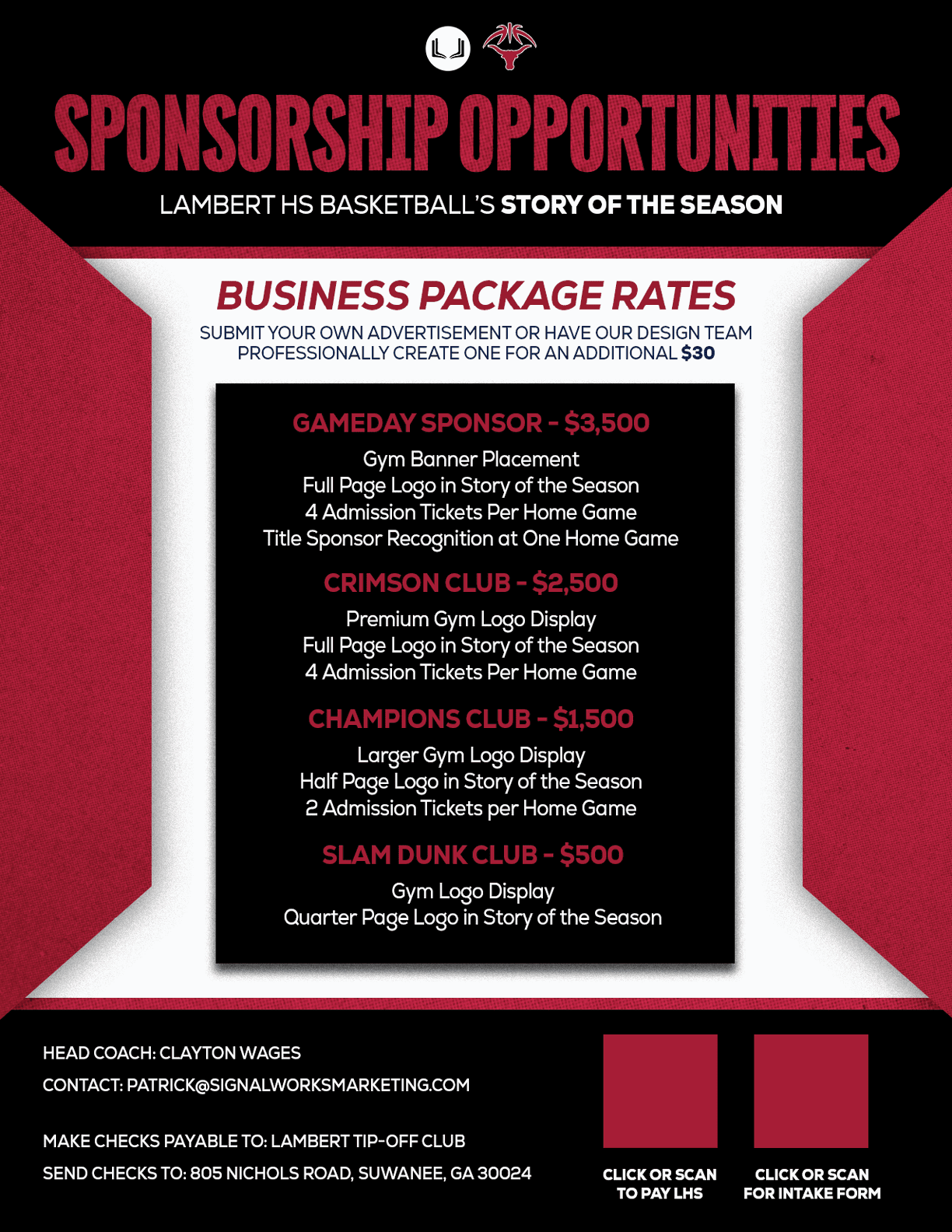 Sponsorship opportunities for Lambert High School basketball include various business packages with benefits like logo placement and admission tickets for home games. Description generated by AI