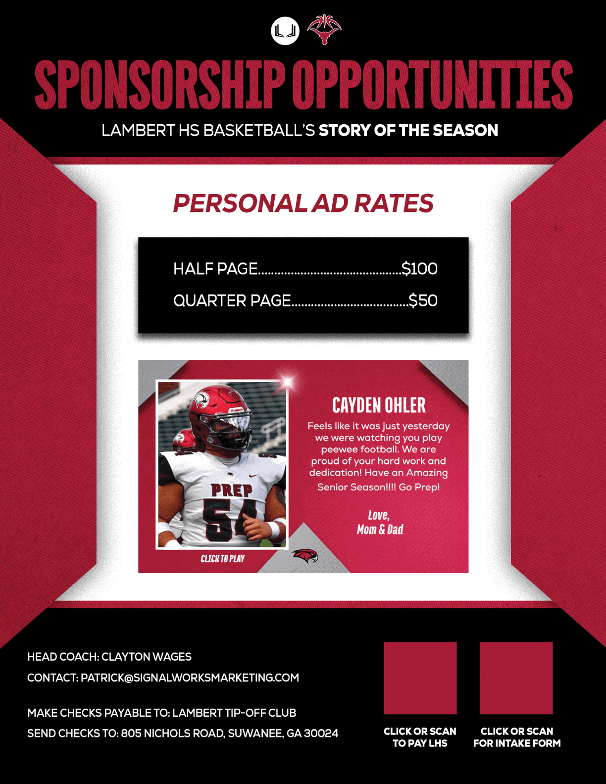 Sponsorship opportunities flyer for Lambert High School basketball featuring personal ad rates, a photo of a person in a football uniform, and contact information for advertising. Description generated by AI